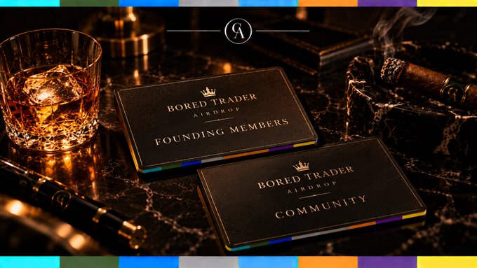 Two black 'BORED TRADER AIRDROP' cards reading 'FOUNDING MEMBERS' and 'COMMUNITY', displayed on a dark marble surface alongside a glass of whiskey, cigars, and an ashtray.