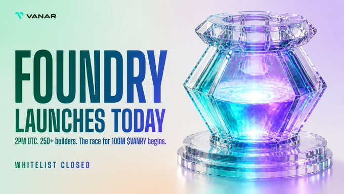 A promotional banner for 'VANAR' announcing 'FOUNDRY LAUNCHES TODAY' at '2PM UTC' with 250+ builders, featuring a glowing futuristic vessel; text notes 'WHITELIST CLOSED'.