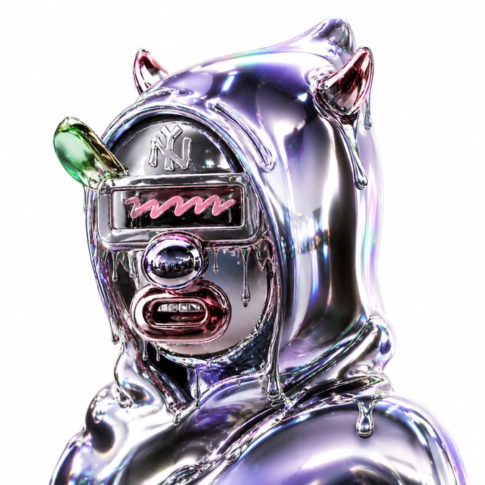 A glossy, chrome-like 3D rendering of a figure wearing a futuristic helmet with small devil horns, neon green and pink accents, and a neon zigzag visor.