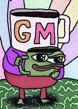 A hand-drawn cartoon features a green frog character wearing a purple shirt, holding up a large white mug with the colorful letters 'GM' on it, standing on a green and white patterned ground.