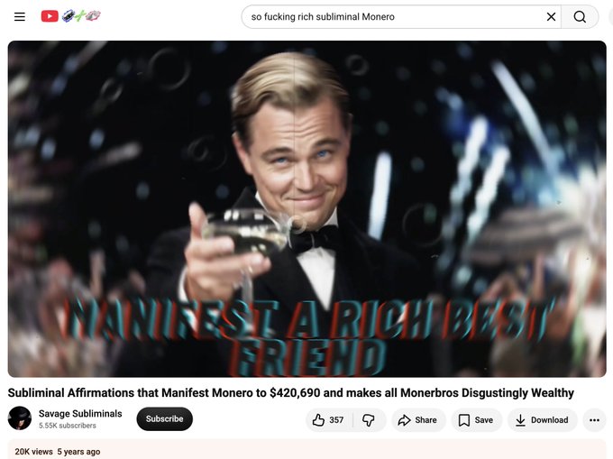A YouTube video thumbnail featuring Leonardo DiCaprio as Jay Gatsby with the title 'Subliminal Affirmations that Manifest Monero to $420,690 and makes all Monebros Disgustingly Wealthy' from the channel 'Savage Subliminals'.