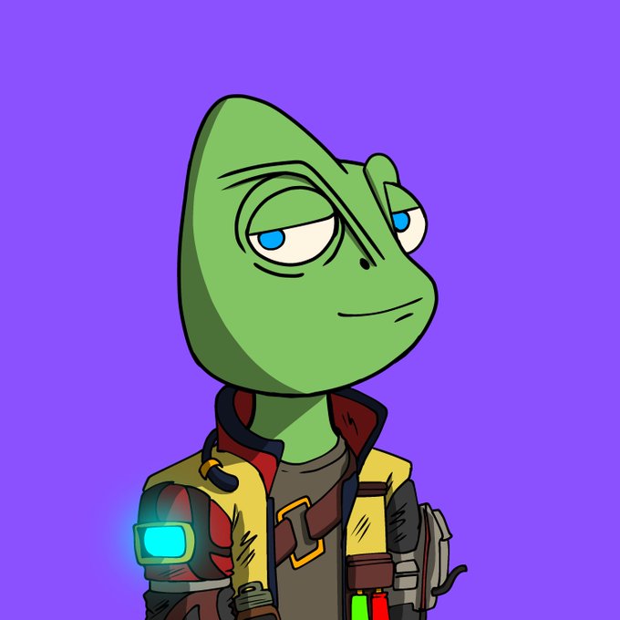 Cartoon illustration of a green lizard-like character wearing a yellow jacket against a purple background, styled in a Borderlands video game aesthetic.
