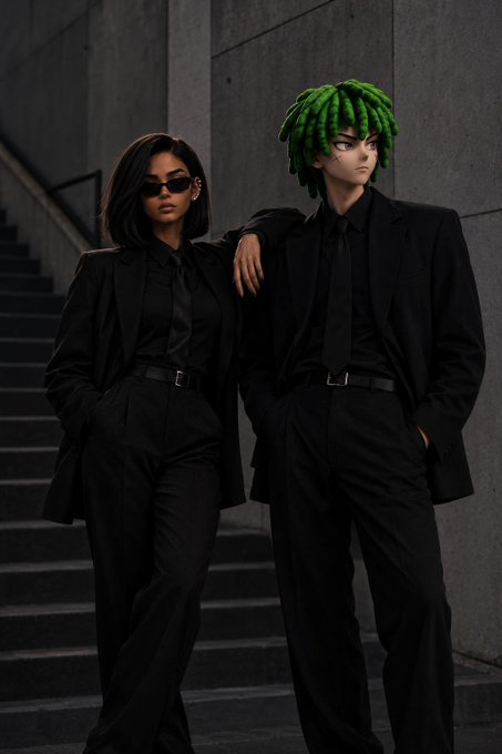 A stylized digital illustration of two figures dressed in matching all-black suits and sunglasses, one with long dark hair and the other with spiky green dreadlocks, standing on concrete stairs.
