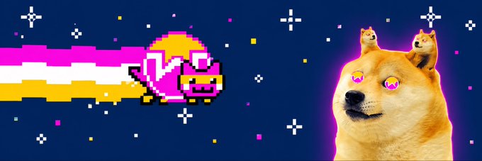 A pixel-art Nyan Cat streaks across a starry space background, leaving a rainbow trail toward a Doge meme with smaller Doges and "WO" eyes on its head, visually representing the absurd, meme-driven origin of Wownero as a Doge-inspired fork of Monero.