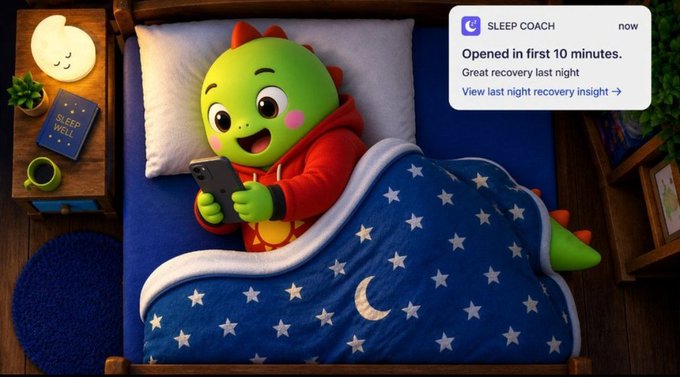 Cartoon green dinosaur character in a red hoodie lying in bed using a smartphone, with a 'SLEEP COACH' notification stating 'Opened in first 10 minutes. Great recovery last night' and a nightstand labeled 'SLEEP WELL.'
