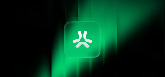 A dark green background featuring a centered rounded square app icon with a white stylized geometric logo, possibly an 'X' or fan shape.