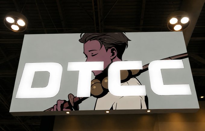 An illuminated sign displaying the word "DTCC" (Depository Trust & Clearing Corporation) alongside an illustration of a person playing a flute.
