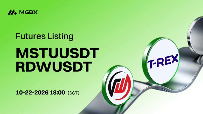 A green promotional graphic for “MGBX” announces “Futures Listing” with the ticker “MSTUUSDT RDWUSDT” and “10-22-2026 18:00 (SGT),” alongside coin-like graphics labeled “T-REX.”