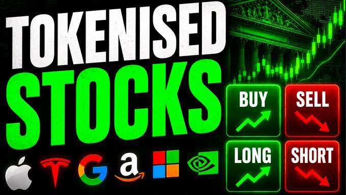 A graphic with bold text reading 'TOKENISED STOCKS' featuring Buy/Sell and Long/Short buttons, alongside logos for Apple, Tesla, Google, Amazon, Microsoft, and Nvidia against a stock chart background.