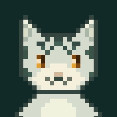 A pixel art illustration of a gray cat-like creature with pointed ears, orange eyes, and dark markings on its forehead against a dark background.