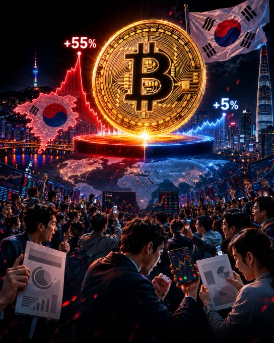 A dramatic digital illustration depicting a large glowing Bitcoin coin at the center with +55% and +5% indicators, surrounded by Korean flags and a crowd of people trading and watching charts in what appears to be an Asian financial district.