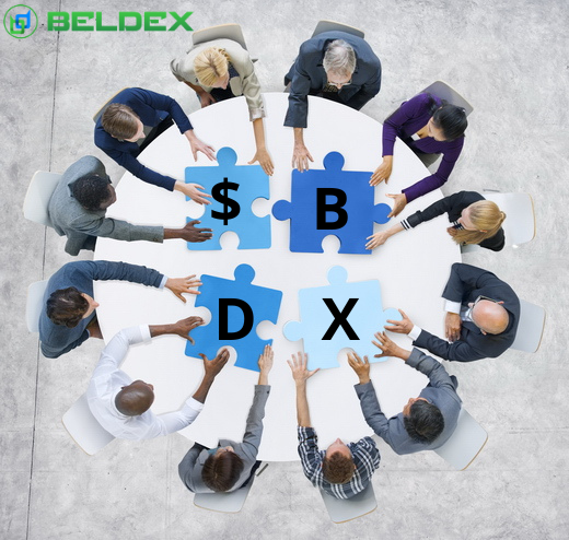 A group of professionals sit around a circular table assembling four puzzle pieces that display the letters "$BDX," symbolizing collaboration and the construction of the Beldex ecosystem. The "BELDEX" logo appears in the top-left corner, reinforcing the image's connection to the post's explanation of how the BDX token powers utility, gas fees, and staking within the network.
