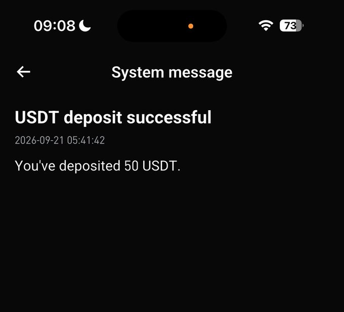 A notification on a phone screen reads "USDT deposit successful" with the message "You've deposited 50 USDT," timestamped 2026-09-21 at 05:41:42. The image aligns with the post's theme of getting paid for late-night work, showing the 50 USDT earnings deposited early in the morning.