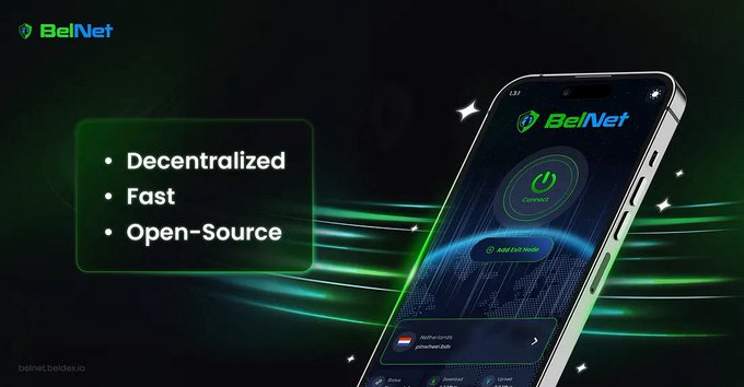 A promotional graphic for 'BeINet' featuring a smartphone displaying a 'Connect' button alongside text listing features: Decentralized, Fast, Open-Source.