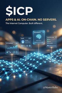 The image is a promotional graphic for $ICP (Internet Computer), featuring the tagline "APPS & AI. ON-CHAIN. NO SERVERS. The Internet Computer. Built different." alongside floating dashboard widgets showing metrics like throughput, gas fees, and governance data set against a glowing blue blockchain network backdrop, visually reinforcing the post's claim about ICP running apps and AI on-chain without servers.