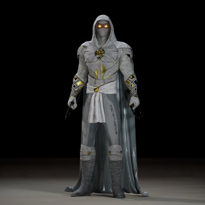 A 3D render of a hooded action figure in white and gold armor with glowing orange eyes, holding daggers against a dark background, with "MOON KNIGHT" text on the sash.