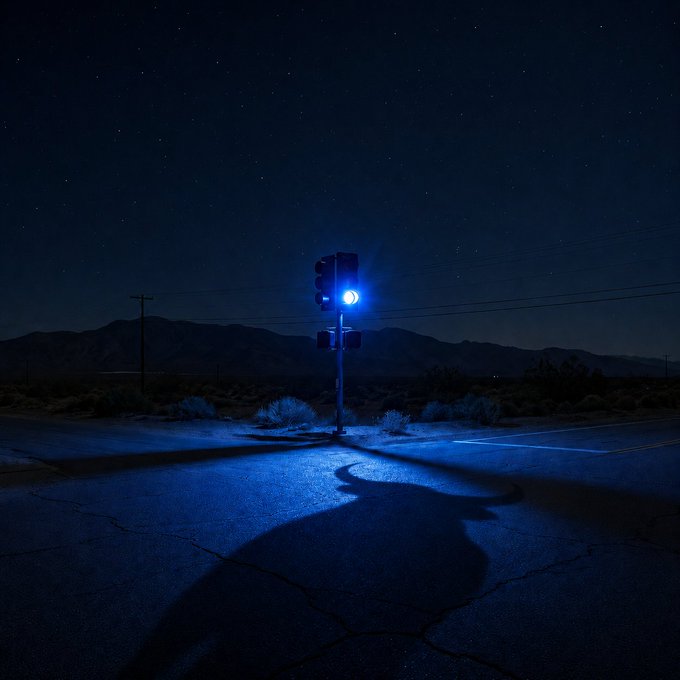 A lone traffic light glows blue in the middle of a deserted desert intersection under a starry night sky, its light casting a long reflection across the cracked pavement. The solitary signal in the vast emptiness embodies the idea that guidance can appear in the most unexpected places—you just have to look.