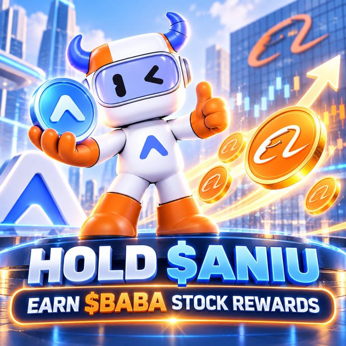 A cartoon bull mascot in orange and white gear stands triumphantly holding an "ANIU" coin and giving a thumbs-up, surrounded by gold coins and a rising stock chart. Bold text reads "HOLD $ANIU - EARN $BABA STOCK REWARDS," promoting a $50 USDT giveaway tied to the Aniu token and Alibaba (BABA) stock rewards.