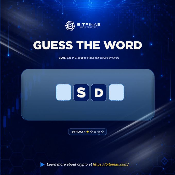 A 'Guess the Word' game by Bitpinas asking players to guess the U.S.-pegged stablecoin issued by Circle, revealing the letters 'S' and 'D' with a difficulty rating of one star.
