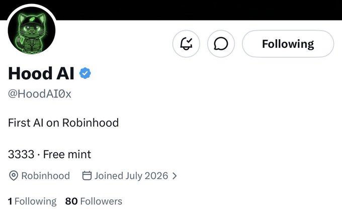A Twitter profile for "Hood AI" (@HoodAI0x) styled as "First AI on Robinhood," advertising 3,333 free mints on the Robinhood Chain—matching the post's callout for an early alpha NFT collection to watch.