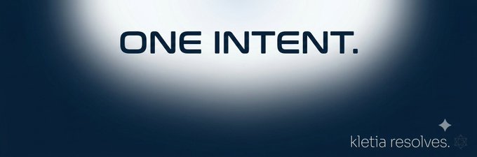 Minimalist dark blue graphic with the white text 'ONE INTENT.' centered on the screen and 'kletia resolves.' in the bottom right corner.