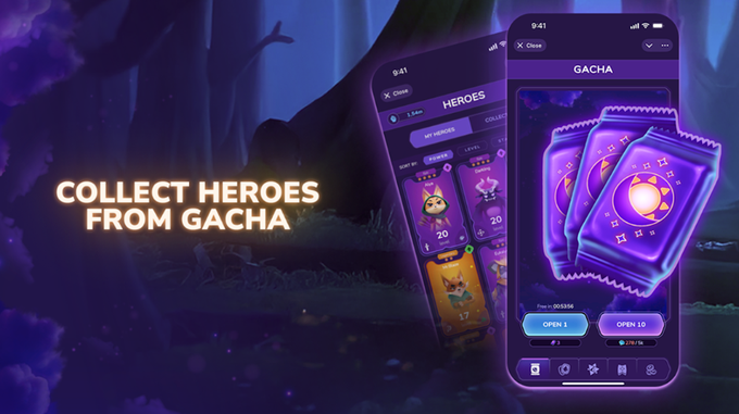 A promotional graphic for a mobile game shows two smartphones displaying 'GACHA' card collection screens, accompanied by the glowing text 'COLLECT HEROES FROM GACHA' against a dark fantasy forest backdrop.