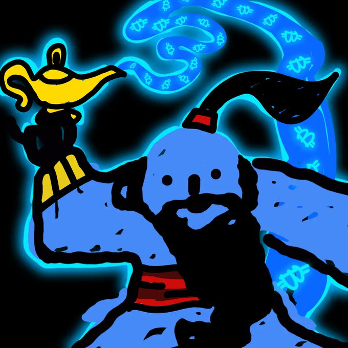 A stylized blue illustration of Aladdin holding his iconic lamp with smoke rising from it, decorated with small dollar sign patterns.