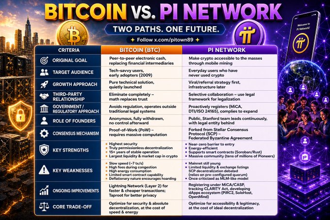 Comparison chart titled 'BITCOIN VS. PI NETWORK - TWO PATHS. ONE FUTURE.' detailing criteria like original goal, consensus mechanism, and key strengths for both cryptocurrencies.