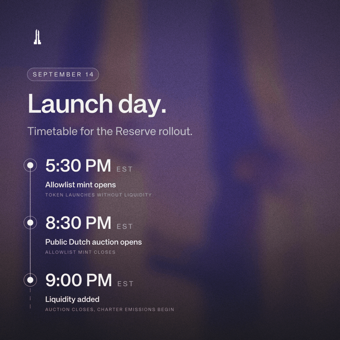 A dark purple launch day schedule graphic dated September 14, listing a timetable: 5:30 PM EST Allowlist mint opens, 8:30 PM EST Public Dutch auction opens, and 9:00 PM EST Liquidity added.