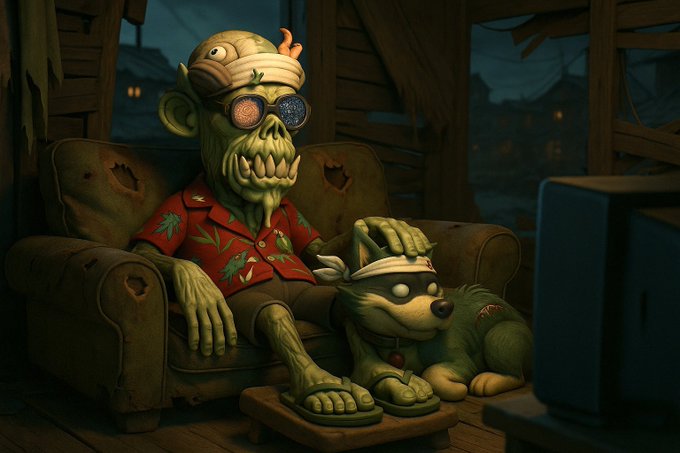 The image features a cartoon character wearing sunglasses and a red shirt sitting on an old couch, with a dog lying next to him. The scene appears to be set at night or during a dark time of day, as indicated by the darkness surrounding them. The caption for this image reads "Happy Mutant Monday I promise, this is @HankTenn 's and his doggo Xero’s happy faces @BoredApeYC".