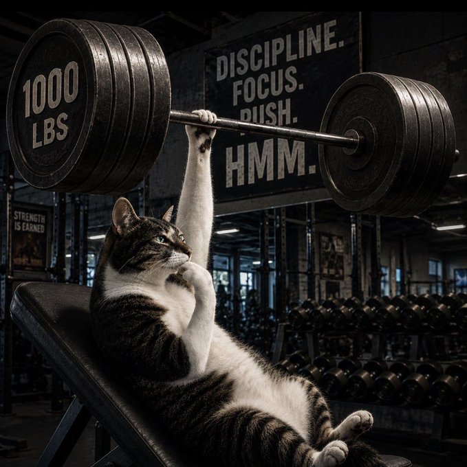A tabby cat lies on a weight bench in a gritty gym, casually pressing a barbell loaded with "1000 LBS" plates, surrounded by motivational signs reading "DISCIPLINE. FOCUS. PUSH. HMM." and "STRENGTH IS EARNED" — humorously framing the cat as a disciplined "HMM" lifter, mirroring the post's message about early conviction and lifting $HMM to new heights.