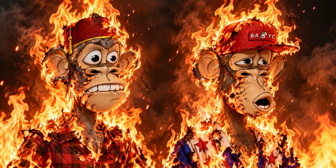 Two cartoon monkey characters wearing 'BAYC' baseball caps appear engulfed in flames, one grinning and the other with a shocked expression.