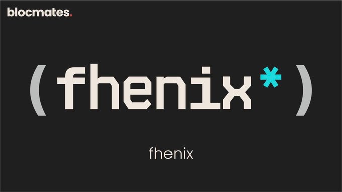 A promotional graphic with a black background displaying 'blocmates.' in the corner, a stylized '(fhenix*)' logo with cyan and gray lettering, and the word 'fhenix' at the bottom.