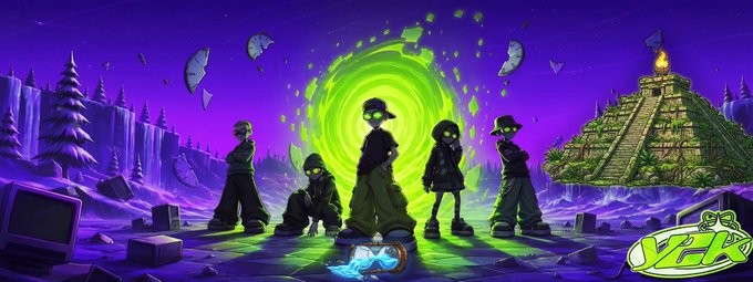 A vibrant digital illustration of a green-skinned zombie-like group in streetwear standing before a swirling green portal in a purple fantasy landscape, with a pyramid on the right and a "VEX" logo in the bottom right.