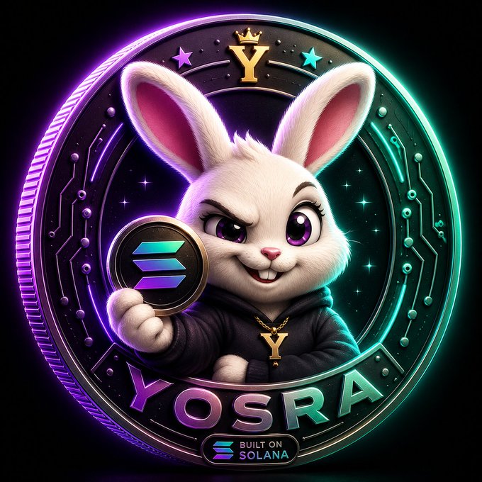 A digital illustration of a stylized white rabbit wearing a black hoodie and a "Y" pendant, holding a Solana coin, set within a glowing neon-bordered coin design reading "YOSRA" with "BUILT ON SOLANA" at the bottom.