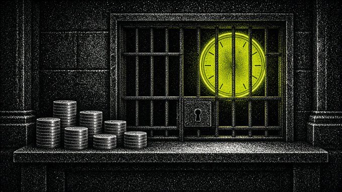 Stylized illustration of stacked silver coins beside a barred window, behind which a glowing yellow clock face glows against a dark background.