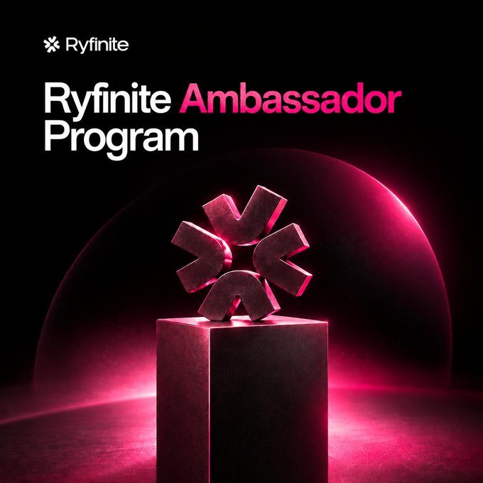A promotional graphic for the 'Ryfinite Ambassador Program' featuring the Ryfinite logo, displayed against a dark background with a glowing pink sphere and pedestal.