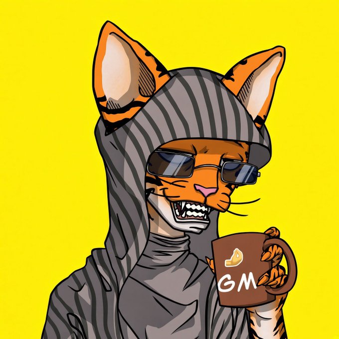 An anthropomorphic tiger wearing a striped hoodie and sunglasses holds a brown mug displaying "GM" against a bright yellow background, visually reinforcing the "Good Morning" greeting to the community.