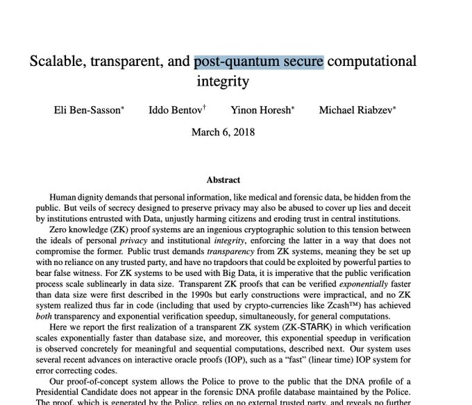 The title page of an academic paper titled 'Scalable, transparent, and post-quantum secure computational integrity' by Eli Ben-Sasson, Iddo Bentov, Yinon Horesh, and Michael Riabzev, dated March 6, 2018.