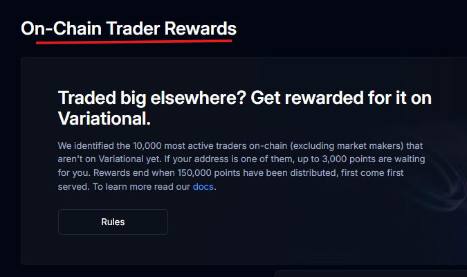 The image shows a promotional banner for Variational's "On-Chain Trader Rewards" program, offering up to 3,000 points to the 10,000 most active on-chain traders (excluding market makers) who aren't yet on the platform, with a total of 150,000 points distributed on a first-come, first-served basis. This aligns with the post's message about rewarding active perp DEX traders with free Variational points, emphasizing the $1M+ reward pool and the 150K point cap.