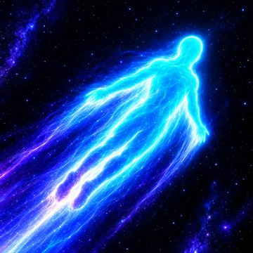 A glowing blue and purple ethereal figure floats through a starry cosmic background with trails of light extending from its form.