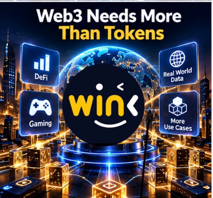 A graphic titled 'Web3 Needs More Than Tokens' shows a smiling 'WIN' face surrounded by icons labeled 'DeFi', 'Real World Data', 'Gaming', and 'More Use Cases'.