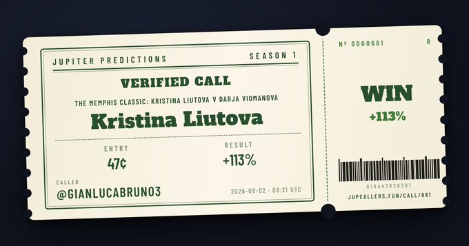 Digital ticket styled like a classic stub reading 'JUPITER PREDICTIONS SEASON 1 - VERIFIED CALL - Kristina Liutova - WIN +113%' by caller @GIANLUCABRUNO3.