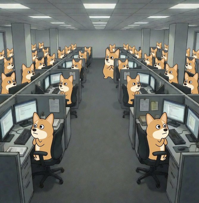 An anime-style illustration depicts an office filled with rows of Shiba Inu dogs sitting at cubicles working at computer monitors, each appearing focused and diligent.