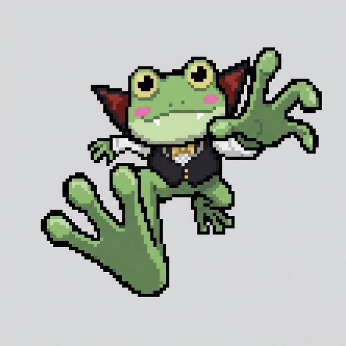 A pixel art illustration of a cute green frog with red horns, dressed in a formal vest, leaping or jumping forward with an outstretched hand against a light gray background. The frog's determined pose and the phrase "Ready to break free?" in the post playfully suggest it symbolizes the excitement and momentum of an upcoming NFT mint on Ethereum with a supply of 2222.