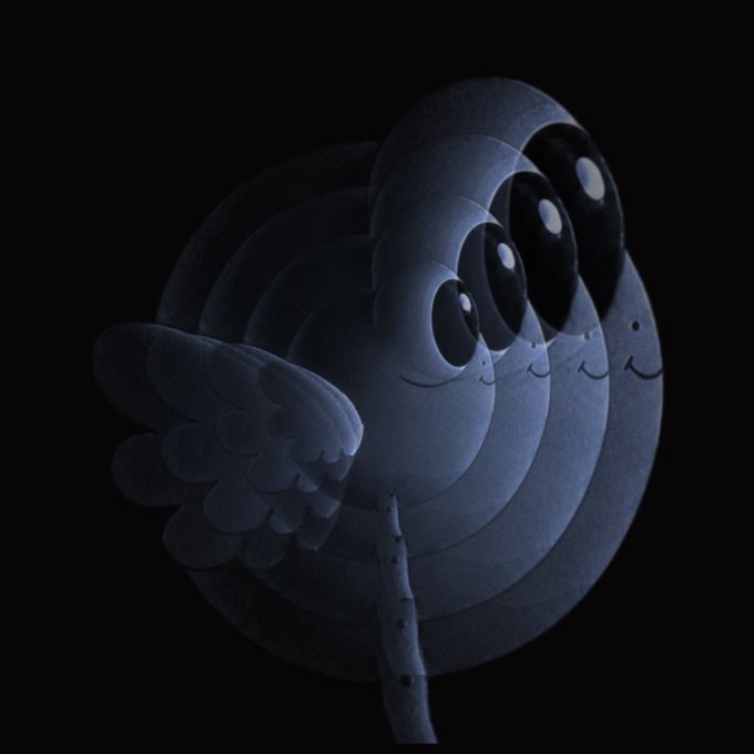 A dark, dimly-lit image showing a repeating, layered 3D rendering of a cute cartoon character with large black eyes and small wings, set against a black background. The surreal, glitch-like visual style fits the speculative post questioning which NFT Vlad Tenev (Robinhood's CEO) might adopt as his profile picture.