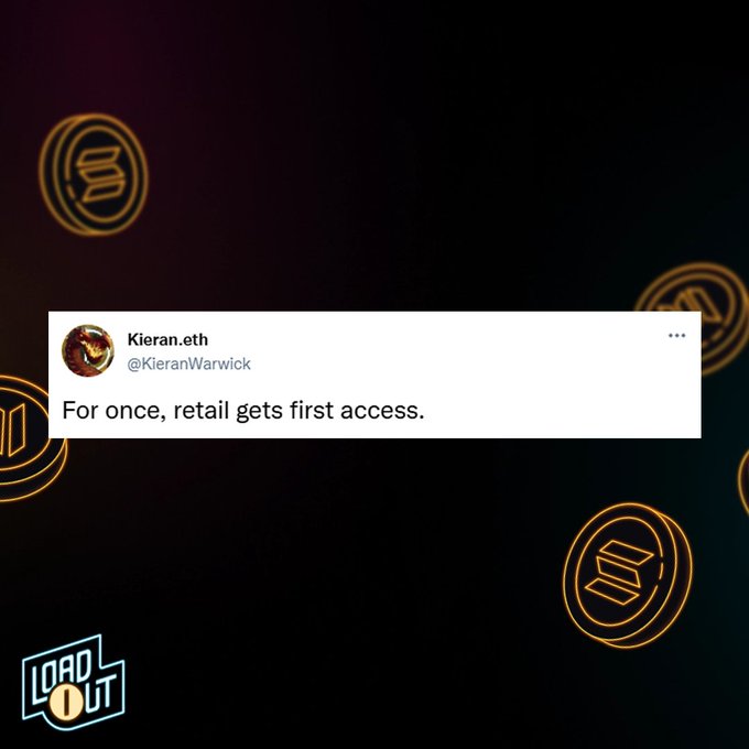 A Twitter/X post from Kieran.eth (@KieranWarwick) reading 'For once, retail gets first access.' with a 'LOAD OUT' logo in the corner, set against a dark background with orange Solana-style crypto coin graphics.