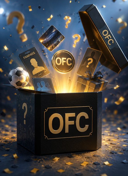 A promotional 3D render showing a black gift box labeled "OFC" opening with golden light, revealing items including a "FANPASS" card, a soccer ball, a mystery box, and floating gold question marks.