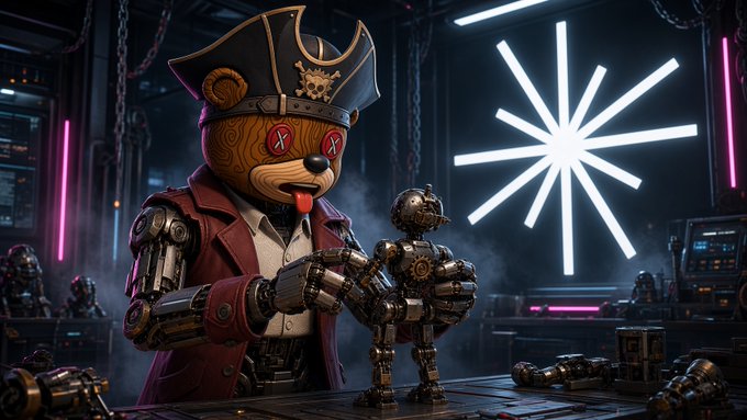 A cybernetic teddy bear dressed as a pirate captain with glowing red X-eyes assembles a small robot in a futuristic workshop, accompanied by Binance's glowing logo and a post announcing Axis Robotics' exclusive partnership with Binance Wallet, offering 1,500,000 Axis Points over 30 days for users who teach robots and sign data on Base.