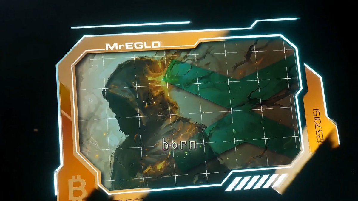 A digital artwork displayed within a futuristic, glowing orange HUD frame features a dark, textured silhouette of a figure against a green and yellow cosmic background, with the text 'MrEGLD' and 'born' visible.